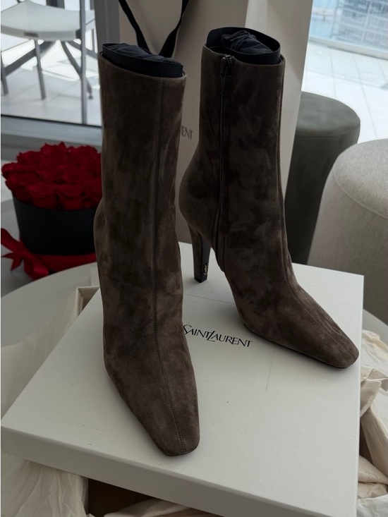Saint Laurent Shoes - Saint Laurent Taupe Suede Pointed-Toe Mid-Heel Ankle Boots